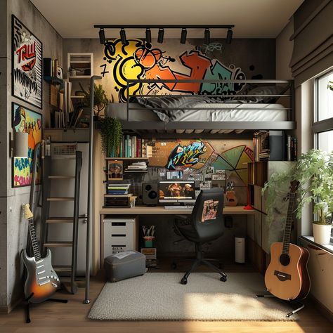 Creative Studio Space: A cozy, well-organized artist's studio with a loft bed, inspiring wall art, and musical instruments. #studio #artist #loft #bed #guitar #wall art #desk #workspace #aiart #aiphoto #stockcake https://ayr.app/l/v1zr Loft Bed Music Studio, A Loft Bed, Desk Workspace, Creative Studio Space, Guitar Wall Art, Earthy Home, Artist Loft, Loft Lighting, Studio Artist