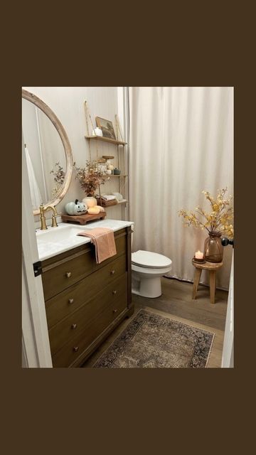 Morgan Winton on Instagram: "Cozy fall bathroom styling! Comment FALL and I’ll send you links to everything I used on here!!🎃 I found everything at target and Amazon!! The pumpkin candle smells so good.

#falldecorations #diyfalldecor #falldecor
#falldecoratingideas #fallhomedecor #falldecorating #falldecoration #diyhalloween #halloweendecoration #halloweendecor #halloweeniscoming #spookyseason👻 #diyfall #spookyseason" Fall Bathroom, Pumpkin Candle, Candle Smells, Pumpkin Candles, Candle Smell, Fall Decor Diy, Bathroom Styling, Cozy Fall, Fall Home Decor