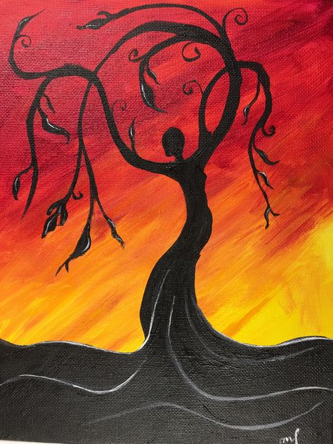 Tree Woman Painting, Whimsical Tree Drawing, Tree Goddess, Youtube Painting, Tree Drawing Simple, Whimsical Tree, Sunset Canvas Painting, Arte Yoga, Painting Lesson