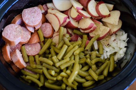 All in one crock pot meals are some of my favorites! It's so nice to just gather and prepare all the ingredients and put in the crock pot an... Sausage Potatoes Green Beans, Sausage Crockpot Recipes, Sausage And Green Beans, 2023 Meals, Crockpot Sausage, Baking Potatoes, Potatoes Green Beans, Sausage Crockpot, Crock Pot Meals