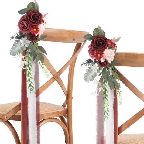 PRICES MAY VARY. High Quality Material: These Made of high-quality artificial wedding flowers, including foam flowers and eucalyptus leaves. Wide Applications: You can use the silk straps to attach the flower decorations to chairs, aisle, church pews, arch or just tie to fences. They look not only beautiful but very lifelike, never wilt. Package&Size: Set of 8pcs Pre-Made Wedding Aisle Decoration Pew Flowers with 16 rolls of ribbons in a box.The chair flowers size of approx 3"X17". Easy to Insta Fall Wedding Chair Decor, Pew Arrangements Wedding, Fall Wedding Outdoor Decorations, Down The Aisle Decorations, Pew Wedding Decorations, Wedding Pew Decorations Church, Pew Decorations Wedding, Ceremony Decorations Church, Chair Flowers