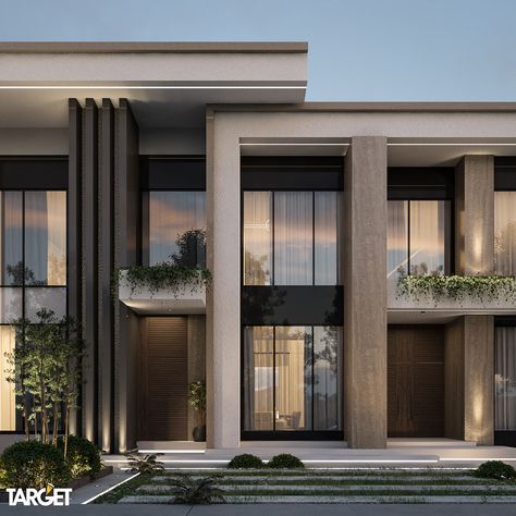 Modern Arch House Exterior, Exterior Villa Design Modern, Uae Villa Design, Villa Exterior Design Modern, Modern Villa Landscape Design, Villa Modern Exterior, Villa Facade Design Modern, Modern Villa Design Exterior, Exterior House Colors Modern