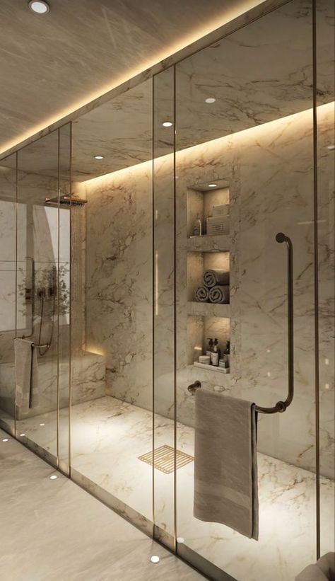 Bathroom In Mansion, Modern Luxury Shower Ideas, Modern Aesthetic Interior Design, Bathroom Design Two Sinks, Luxury Large Bathroom, Luxury Double Shower Bathroom, Luxury Penthouse Apartment Bathroom, Big Shower Bathroom, Luxury His And Hers Bathroom