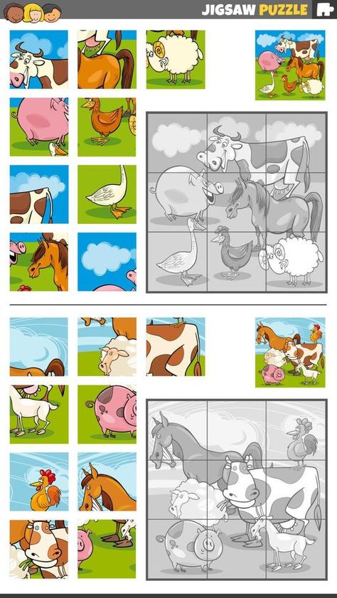 jigsaw puzzle game set with cartoon farm animals Farm Animals Puzzle, Animal Puzzle Printable, Cartoon Farm Animals, Farm Puzzle, Shape Tracing, Easter Templates Printables, Farm Cartoon, Farm Animals Activities, Shape Tracing Worksheets