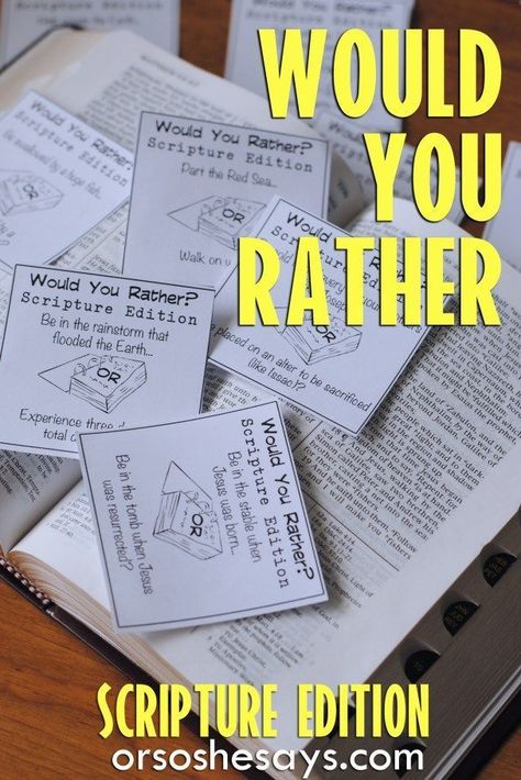 Our Would You Rather Scripture Game is not only a lot of fun, but it will also help you teach your family about the importance of Agency. This free Family Night printable is guaranteed to get your family talking and laughing. Get all the info at www.orsoshesays.com. Bible Trivia, Family Ministry, Sunday School Games, Church Games, Yw Activities, Bible Resources, Church Youth, Youth Activities, Family Worship