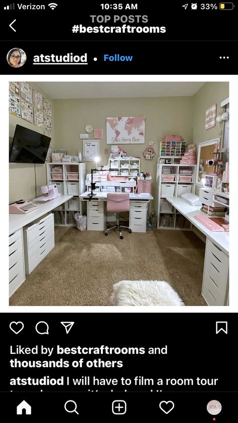 Bedroom Turned Craft Room, Cricut Room Organization Ideas, Cricut Room Ideas Craft Storage, Apartment Craft Room, Small Business Office Ideas Design, Large Craft Room Ideas, Pink Craft Room Ideas Home Office, Small She Shed Craft Room Ideas, Craft Room She Shed