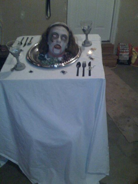 Scary head on platter costume Halloween Scary House Ideas, Head On Platter Costume, Head On A Platter Costume, Scary House Ideas, Hunted House Ideas Scary, School Haunted House Ideas, Wheelchair Halloween Costumes, Head On A Platter, Cupcake Halloween Costumes