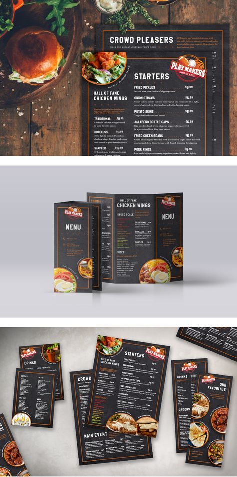 A menu design style for a sports bar & grill, adapted to be used on a main menu, drink menu, favorites menu, and take-out menu.  #graphicdesign #restaurant #sportsbar #menudesign #marketing #branding Grill Menu Design, Menu Design Layout, Menu Drink, Menu Design Inspiration, Take Out Menu, Menue Design, Grilling Menu, Food Menu Template, Menu Inspiration