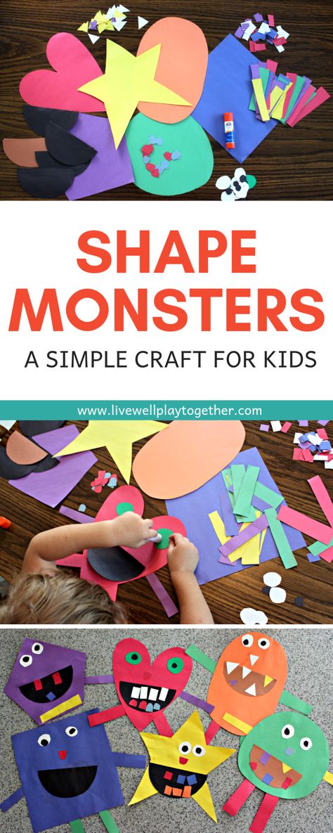 Shape Monsters are an easy way to teach shapes and colors to kids and make a great Halloween craft. This shape monster craft is easy to put together and lots of fun to create! Perfect for preschoolers and kindergarteners. From livewellplaytogether.com | #shapemonsters #teachingshapes #shapesactivity #preschoolshapes #learnshapes #halloweencrafts Shape Monster Craft, Shape Monster, Monster Craft, Teaching Shapes, Monster Crafts, Shapes Preschool, Halloween Preschool, Shapes For Kids, Craft Kids