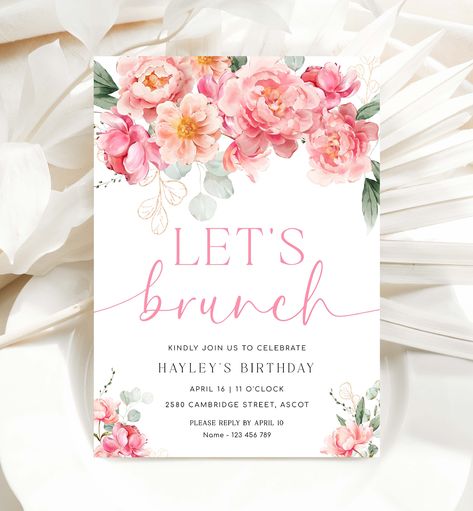 Let's Brunch Invite, Pink Peony Floral Birthday Brunch Party Invite, Printable Girls Birthday Party Invite, Ladies Lunch Invite, Piper Brunch Party Invitations, Birthday Brunch Party, Lunch Invitation, Girls Brunch, Ladies Lunch, Girl Birthday Party Invitations, Bridal Shower Printables, Birthday Brunch, Brunch Invitations