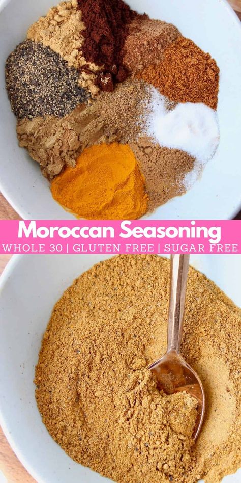 Mix up a batch of Moroccan Seasoning to add a serious burst of flavor to vegetables, rice and meat! This Moroccan spice blend is gluten free, sugar free and whole 30 approved! Try it in this recipe for Moroccan Roasted Chickpea Carrot Bowls or as a delicious seasoning rub on chicken! Tumeric Seasoning Blend, Moroccan Spice Blend Recipe, Moroccan Seasoning Recipe, Moroccan Spiced Chicken, Moroccan Roast Chicken, Moroccan Rice Recipe, Morocco Spices, Moroccan Meals, Rice And Meat