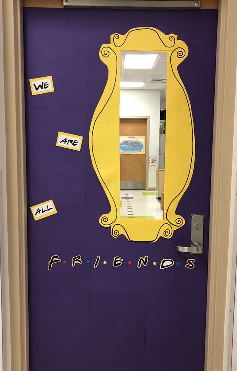 F•R•I•E•N•D•S classroom door idea #friends #tv #classroomdecor #classroomideas #classroomtheme Friends Classroom Door Ideas, Friends Theme Classroom Decoration, Friends Themed Classroom Door, Friends Themed Classroom Ideas, Friendship Door Decorations Classroom, Friends Tv Show Classroom Theme, Door Themes For Classroom, High School Classroom Door Ideas, Friends Theme Classroom