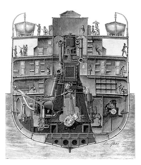 Cross-Section of the steam ship La Champagne, showing the engine rising as high as the main deck while the various levels are peopled with passengers and staff Ship Engine Room, Old Book Illustrations, Steam Ship, Train Drawing, Titanic Ship, Working Boat, Marine Engineering, Engine Room, Boat Engine