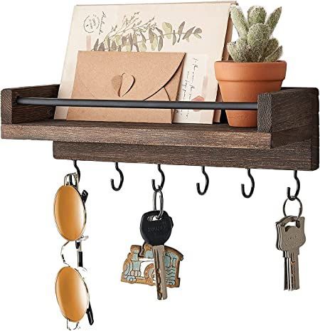 Mkono Wall Mounted Wine Rack and Key Holder with 6 Hooks Key And Letter Holder, Mail And Key Holder, Rustic Wood Floating Shelves, Wood Floating Shelf, Key Holder For Wall, Wooden Key Holder, Wall Mounted Wine Rack, Hanger Organizer, Wall Key Holder