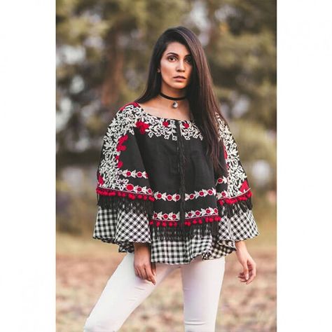 Black Embroidered Khadi Poncho Indian Tops, Womens Trendy Dresses, Fringed Poncho, Poncho Tops, Fashion Wear, Kurti Designs, Ethnic Fashion, Sarees Online, Indian Wear