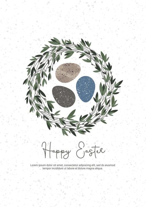 Easter card. With Easter eggs on a wreath with green leaves on a white background in nature style. Vector for poster, print, postcard, invitation, greeting, tag. Nature Style, Postcard Invitation, Easter Card, Vector Drawing, Natural Style, Easter Cards, In Nature, Happy Easter, Green Leaves