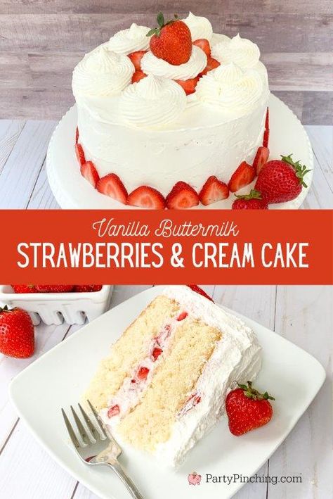 Strawberry Cake With Vanilla Frosting, Vanilla Cake With Fresh Strawberries, Vanilla Cake Recipe With Strawberries, Easy Vanilla Strawberry Cake, Strawberries Cream Cake, Buttermilk Strawberry Cake, Strawberry Frasier Cake, Vanilla Strawberry Cake Recipe, Vanilla Cake With Berries