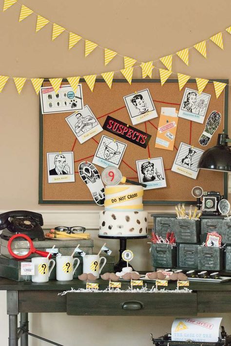 Detective Birthday Party Ideas | Photo 1 of 156 | Catch My Party Detective Birthday Party, Geheimagenten Party, Dessert Bord, Secret Agent Party, Spy Birthday Parties, Detective Party, Detective Theme, Clue Party, Spy Party