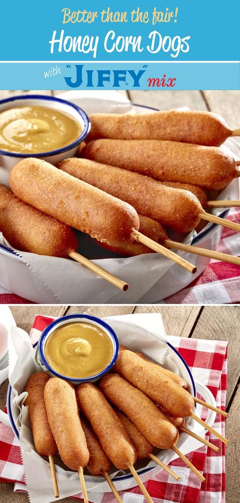 Bring the delicious taste of Summer fair Honey Corn Dogs right into your kitchen, with the help of “JIFFY” Honey Corn Muffin Mix. They’re an easy treat to enjoy all Summer long. Diy Corn Dogs Jiffy, Sausage Corn Dog Recipe, Jiffy Cornbread Corndogs, Corn Dogs Homemade Easy, Making Corn Dogs, Corn Dog Recipe Jiffy, Corn Dog Recipe Without Cornmeal, Cornbread Mix Corn Dogs, Jiffy Cornbread Hot Dogs