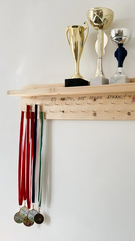 Medal holder personalised sports medal hanger with trophy display shelf solid wood Trophies & Awards Display, Soccer Medal Display Ideas, Trophy And Medal Display Ideas, Trophy Shelf Ideas, Hanging Medals Ideas, Trophy Display Ideas, Award Shelves, Trophy Display Shelves, Collection Shelves