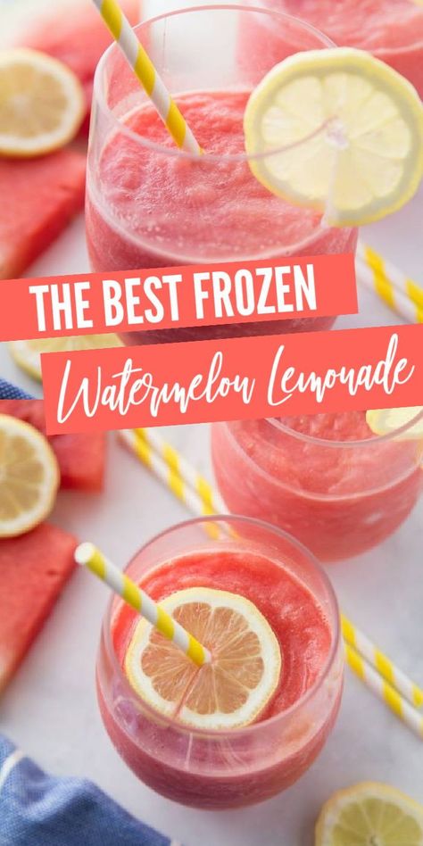 Frozen Watermelon Slushie Recipe, Frozen Watermelon Mocktails, Watermelon Frozen Drink, Watermelon Lemonade Slushy, Frozen Watermelon Lemonade, Fancy Non Alcoholic Drinks Easy, Frozen Watermelon Recipes, Strawberries Lemonade, Frozen Lemonade Recipe