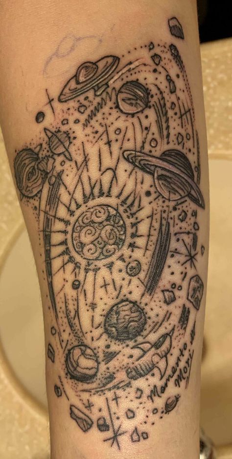 Planets And Space Tattoo Space Tattoo Shoulder, Space Arm Tattoo, Japan Tattoos, Speakeasy Tattoo, Spaceship Tattoo, Rocket Tattoo, Saturn Tattoo, Girl Thigh Tattoos, Astronaut Tattoo