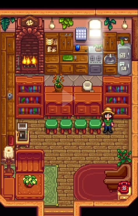 Stardew Kitchen Ideas, Stardew Valley Southern Room Design, Stardew Valley Kitchen Design No Mods, Room Ideas Stardew Valley, Stardew Valley Room Decor, Stardew Decoration Ideas, Stardew Valley House Interior Simple, Stardew Valley Kitchen Ideas, Stardew Farm Decoration