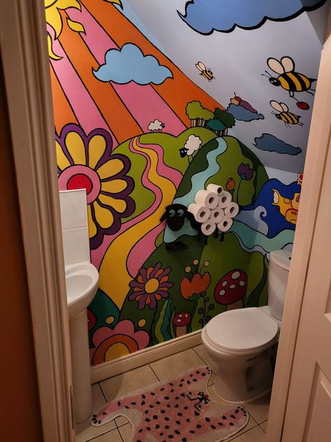 Trippy Bathroom, Groovy Bathroom, Clown House, Storage Under Staircase, Painted Shower Tile, Rainbow Bathroom, Graffiti Room, Bathroom Wall Mural, Maximalist Home Decor