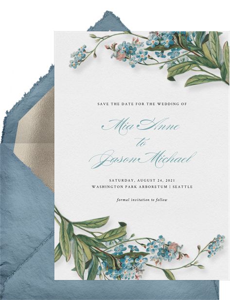 Forget-Me-Not Romance Save The Dates in Blue | Greenvelope.com Forget Me Not Wedding Invitations, Forget Me Not Wedding, Vintage Floral Illustration, Second Wedding, Text Layout, Forget Me Nots, Floral Illustration, Create Invitations, Second Weddings