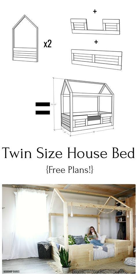 FREE PLANS to build this adorable twin size house bed from construction lumber and easy beginner joinery.  It's built in sections to make this DIY bed frame easy to assemble and disassemble to move when needed.  Perfect for a kid's room, but if you're looking for your own hang out spot, this plan is easily modified for any bed size.  And the roof boards would be great for hanging banners, fabric, etc.  Kid's furniture just got more fun! Diy House Frame Floor Bed, Montesorri Bed Plans, Twin Size Floor Bed Plans, Montessori House Bed Diy, Twin Montessori Bed Plans, Twin Bed Frame Diy Kids, Diy Montessori Bed Twin, Twin House Bed Frame Diy Plans Free, Diy Twin Bed Frame For Toddler