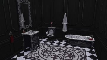 Goth House Interior, Bathroom Sims 4, Goth Bathroom, Lux Bathroom, Gothic Bathroom, Goth Houses, Cc Sims, Cc Finds, Black Bathroom