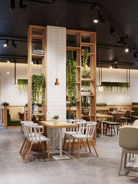 Wood and plant cafe decor Column Decor, Column Ideas, Wood Cafe, Interior Design Examples, Green Cafe, Kitchen Manufacturers, Coffee Shops Interior, Column Design, Concept Ideas