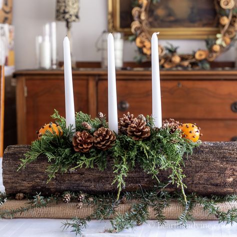 Make A Yule Log, Yule Logs Decoration, Log Candle Centerpiece, Log Centerpieces, Christmas Yule Log, Yule Christmas, Yule Celebration, Log Ideas, Christmas Log