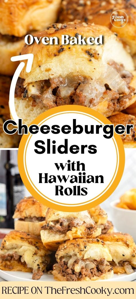 Cheeseburger Sliders with Hawaiian rolls are a great game day snack, easy weeknight dinner and are baked right in the oven. Get the recipe on thefreshcooky.com #cheeseburgersliders #hamburgersliders Easy Hawaiian Rolls Recipe, Hawaiian Bread Sliders, Sliders With Hawaiian Rolls, Baked Cheeseburger, Sliders Hawaiian Rolls, Best Sliders, Easy Cheeseburger Sliders, Ground Beef Sliders, Mini Apple Pie Recipe