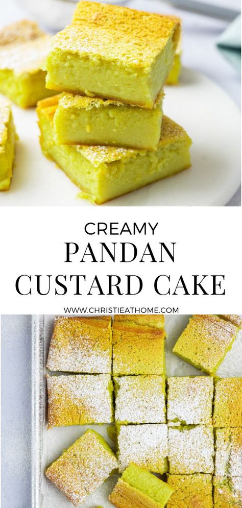 Pandan Custard Cake. A soft creamy custard pandan cake that will melt in your mouth. With crispy edges but a very soft and luscious interior. A great idea for dessert if you enjoy pandan and custard! #custard #dessert #treat #bakedgood #asiandessert #asianrecipes #pandan #dessertrecipe #cakerecipes #cake #cakerecipe #custardcake Atomic Cake Recipe, Pandan Flan, Thai Custard, Pandan Dessert, Pandan Recipe, Buko Pandan Recipe, Soft Desserts, Pandan Custard, Asian Bread