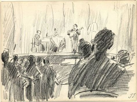 Concert Room with an Audience watching the performance by a Guitarist and Piano Player (Isaac Israels). Crowd Drawing, Courtroom Sketch, Black Crayon, Story Drawing, Piano Art, Architecture Design Sketch, Drawing Black, Piano Player, Gambar Figur