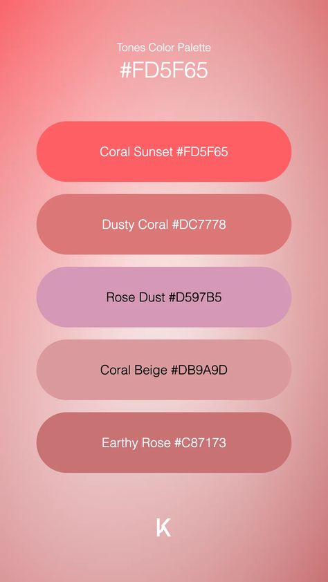 Tones Color Palette Coral Sunset #FD5F65 · Dusty Coral #DC7778 · Rose Dust #D597B5 · Coral Beige #DB9A9D · Earthy Rose #C87173 Color Palette Coral, Coral Sunset, Dusty Coral, Hex Color Palette, The Senses, Hex Colors, Unique Colors, Color Schemes, Color Palette