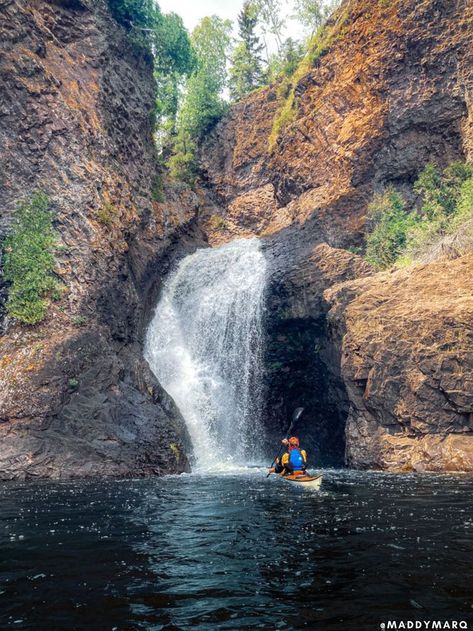 8 Hidden waterfalls on Minnesota's North Shore, including deep in the BWCA, on Lake Superior, and more! | Sea kayaking | manitou river falls | lake superior | Minnesota Nature, North Shore Minnesota, Grand Marais Minnesota, Minnesota Lakes, Boundary Waters Canoe Area Wilderness, Hello Stranger, Boundary Waters Canoe Area, Isle Royale, Isle Royale National Park