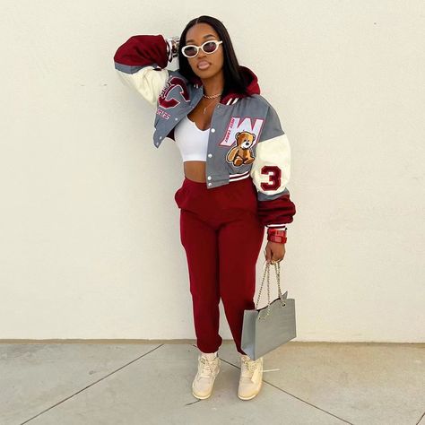 Sizes M & L Ships The Next Business Day Jacket And Bottoms Color Is Burgundy Letterman Jacket Outfit, Fashion Inspo Outfits Summer, Fashion Inspo Winter, Creative Halloween Costume Ideas, Halloween Costume Inspiration, Fashion Inspo Casual, Sporty Streetwear, Varsity Jacket Outfit, Diy Outfits