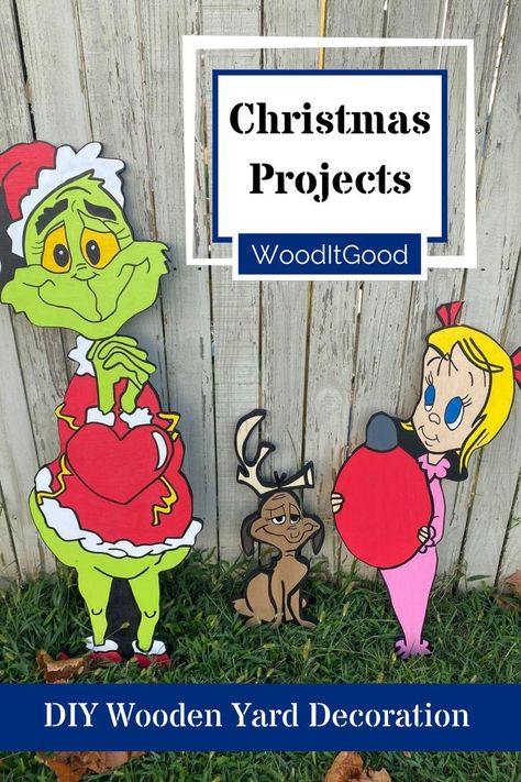 Wood Christmas Yard Ornaments, Grinch Wood Yard Art Patterns, Diy Wood Lawn Decorations, Wood Christmas Outdoor Decorations, Christmas Wood Characters, Outdoor Wooden Decorations, Holiday Yard Decorations Diy, Diy Grinch Wood Cutout, Diy Christmas Wood Projects Outdoor