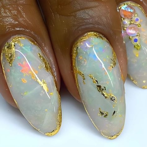 Best Opal Nails Ideas to Reflect Your Radiance | ND Nails Supply Press Nail Designs, Gold Polish Nails, Geode Nail Designs, Opal Nail Art, Black Opal Nails, Opal French Tip Nails, White Opal Nails, Opal Nail Designs, Vintage Nail Designs