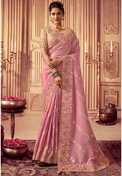 Carnation Pink Embroidered Smoked Viscose Saree Draped Sarees, Saree Green, Elegant Sarees, Bridal Sari, Organza Silk Saree, Beautiful Sarees, Sari Dress, Party Mode, Saree Design