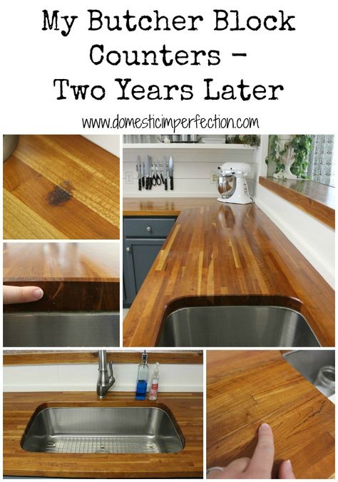 How butcher block countertops hold up…... My Butcher Block Countertops, Two Years Later - Domestic Imperfection Butcher Block Counters, Butcher Block Counter, Butcher Blocks, Kitchen Counters, Wood Counter, Butcher Block Countertops, Wood Countertops, Kitchen Redo, Counter Tops