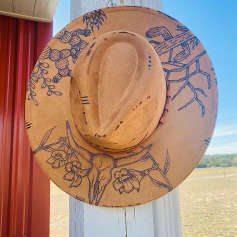 Willow Hand, Cowboy Hat Design, Desert Willow, Wide Brim Felt Hat, Western Style Wedding, Longhorn Skull, Beautiful Cactus, Cowgirl Tuff, Hand Burn