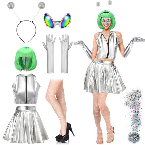 PRICES MAY VARY. Alien Costume Accessories: our women alien costume set includes 8 items, including wig, top and skirt, glasses, gloves, headband, stockings, glitter, nice combination for you to complete Halloween party dress or stage performance Exquisite Design: our metallic skirts and tops are designed with silver, glitter and shiny, the wig, hairband, gloves, stockings and glasses are applied as additional decorations, making you look more funny and technological Suitable Size: our Halloween Women Alien Costume, Halloween Alien Costume, Space Alien Costume, Alien Costume Women, Alien Halloween Costume, Character Dress Up, Alien Halloween, Halloween Social, Space Dress