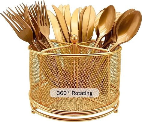 Amazon.com - DysanVica 360° Rotating Metal Utensil Caddy - 4 Compartment Silverware Cutlery Holder Rotation Fork Spoon Napkin Organizer Flatware Storage Basket Party Countertop Buffet Picnic Camping Outdoor Gold Silverware Caddy, Disposable Utensils, Metal Caddy, Kitchen Utensil Storage, Flatware Holder, Flatware Caddy, Utensil Caddy, Silverware Holder, Flatware Storage