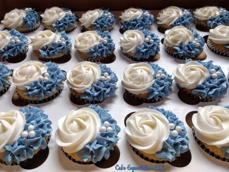 Dusty Blue Cupcakes for Wedding Shower Navy And Dusty Blue Cupcakes, Cupcakes Decoration Blue And White, White Bridal Shower Cupcakes, Dusty Blue Icing Color, Dusty Blue Bridal Shower Cake, Blue White Cupcakes, Dusty Blue And Navy Bridal Shower Ideas, Blue Wedding Cupcakes Ideas, Dusty Blue Wedding Shower Ideas