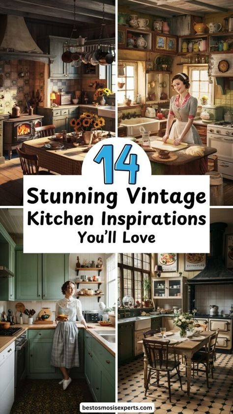 Vintage Kitchen Inspirations 1950s Kitchen Inspiration, 1930 Kitchen 1930s Style, Retro Kitchens Vintage, 1900s Kitchen Remodel, Vintage Style Kitchen Ideas, Cozy Vintage Decor, Vintage Cottagecore Kitchen, Old Kitchen Decor, Apothecary Kitchen Ideas