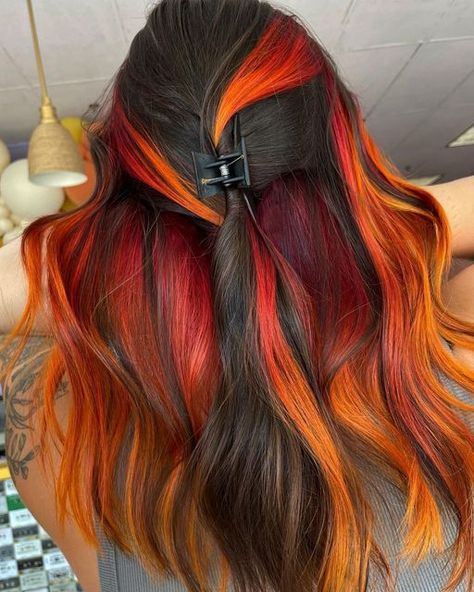 Spooky Hair Color, Orange And Black Hair, Orange Ombre Hair, Burnt Orange Hair, Pink And Orange Hair, Flame Hair, Red Orange Hair, Sunset Hair, Pulp Riot Hair Color