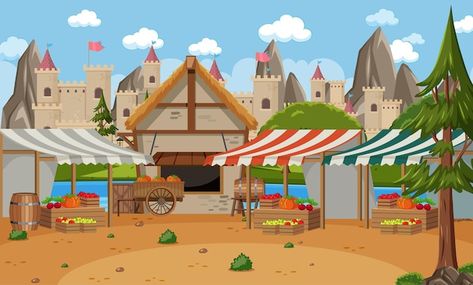 Medieval town scene with market place | Premium Vector #Freepik #vector #old-village #village-house #village-background #cartoon-village Cartoon Market Background, Cartoon Village House Background, Cartoon Background Images Village, Cartoon Village Background 3d, Village Cartoon Background Hd, 2d Cartoon Background, Old Village House Design, Cartoon Background House, Cartoon Animation Background